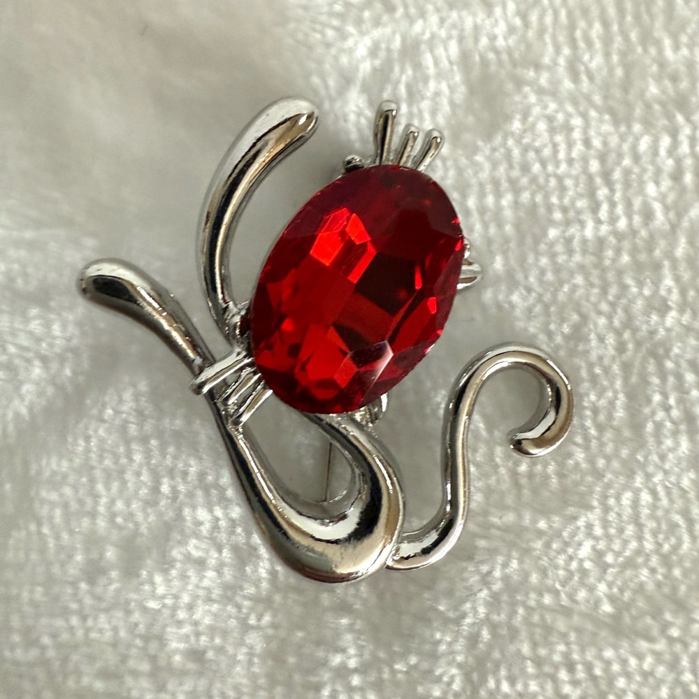 Elegant Silver and Red Gemstone Brooch Pin NWOT